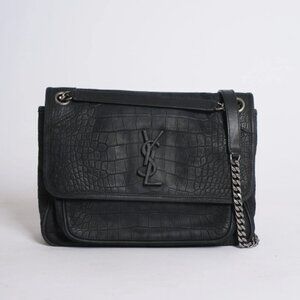 Saint Laurent Black Croc Embossed Nubuck Medium Niki Bag